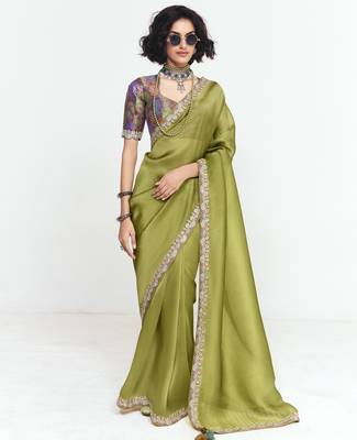 Olive designer fancy embroidered party wear saree with art silk blend blouse 1