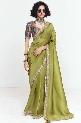 Olive designer fancy embroidered party wear saree with art silk blend blouse
