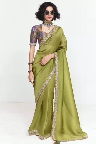 Olive designer fancy embroidered party wear saree with art silk blend blouse