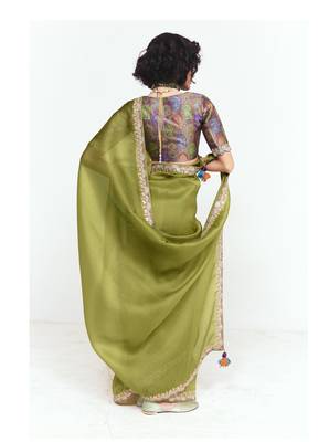 Olive designer fancy embroidered party wear saree with art silk blend blouse 2