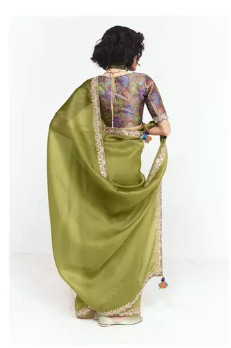 Olive designer fancy embroidered party wear saree with art silk blend blouse
