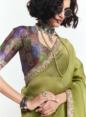 Olive designer fancy embroidered party wear saree with art silk blend blouse 3