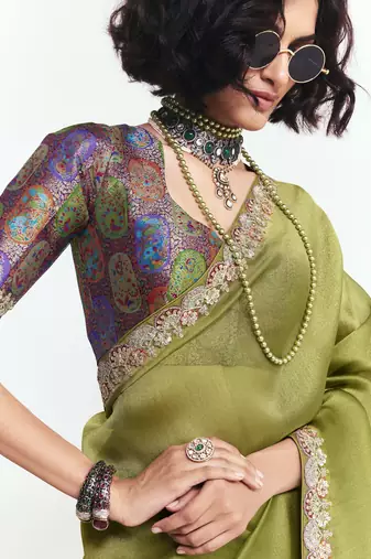 Olive designer fancy embroidered party wear saree with art silk blend blouse