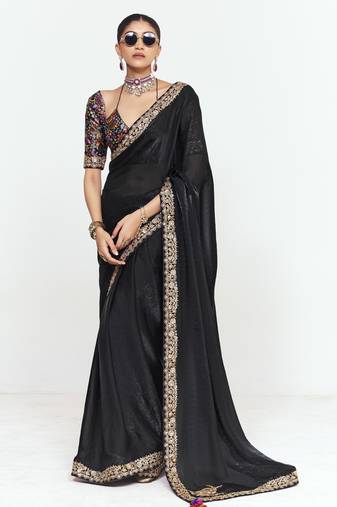 Black designer fancy embroidered party wear saree with art silk blend blouse
