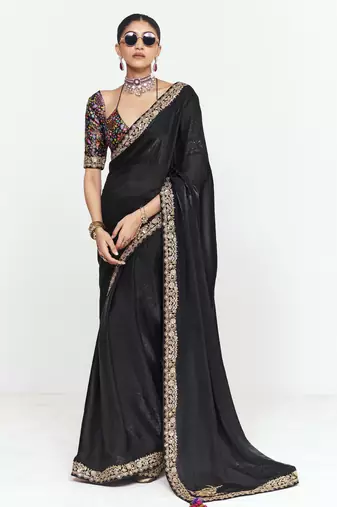 Black designer fancy embroidered party wear saree with art silk blend blouse