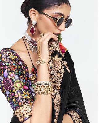 Black designer fancy embroidered party wear saree with art silk blend blouse 2