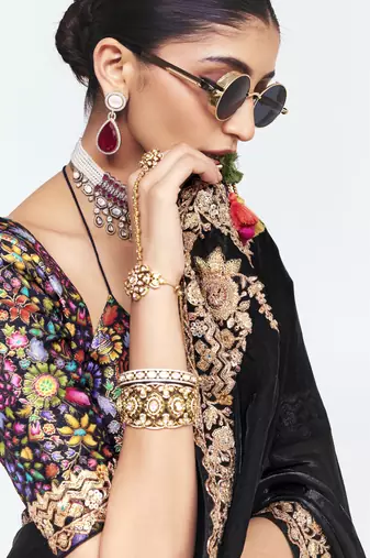 Black designer fancy embroidered party wear saree with art silk blend blouse