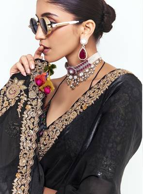 Black designer fancy embroidered party wear saree with art silk blend blouse 3