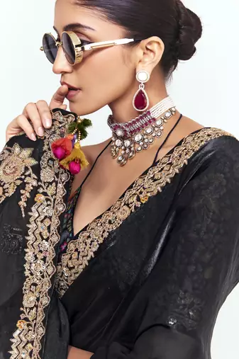 Black designer fancy embroidered party wear saree with art silk blend blouse