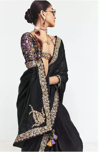 Black designer fancy embroidered party wear saree with art silk blend blouse