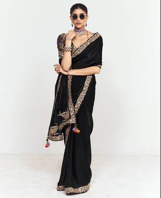 Black designer fancy embroidered party wear saree with art silk blend blouse 5