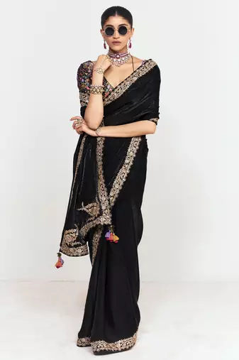 Black designer fancy embroidered party wear saree with art silk blend blouse