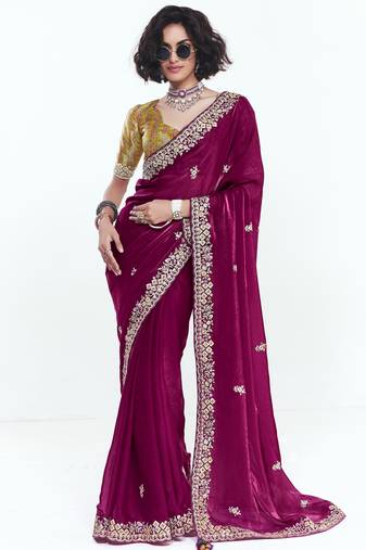 Magenta designer fancy embroidered party wear saree with art silk blend blouse