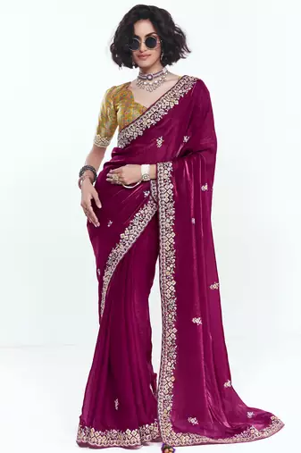 Magenta designer fancy embroidered party wear saree with art silk blend blouse