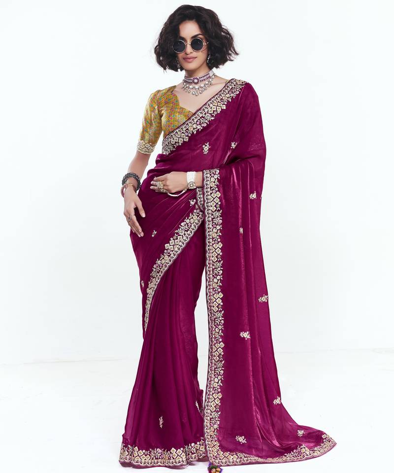 Magenta designer fancy embroidered party wear saree with art silk blend blouse