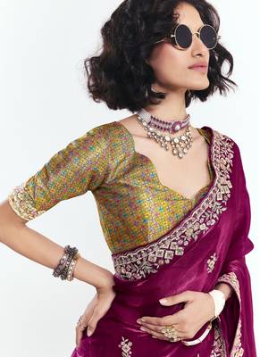 Magenta designer fancy embroidered party wear saree with art silk blend blouse 2