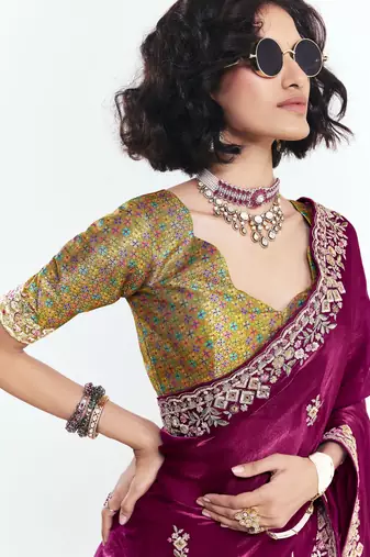 Magenta designer fancy embroidered party wear saree with art silk blend blouse