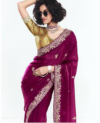 Magenta designer fancy embroidered party wear saree with art silk blend blouse 3