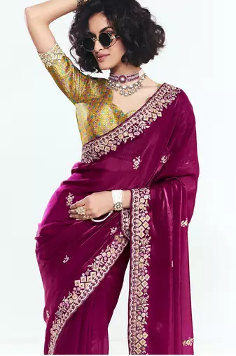 Magenta designer fancy embroidered party wear saree with art silk blend blouse