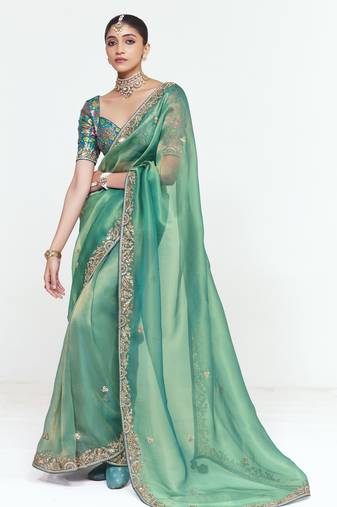 Sea green designer fancy embroidered party wear saree with art silk blend blouse