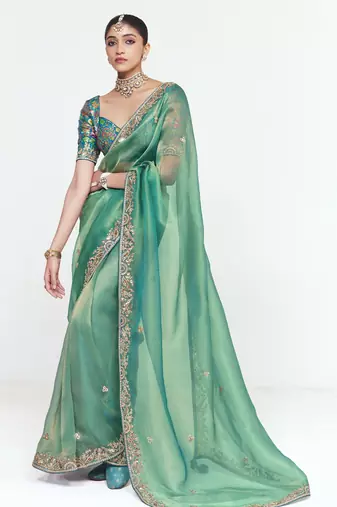 Sea green designer fancy embroidered party wear saree with art silk blend blouse