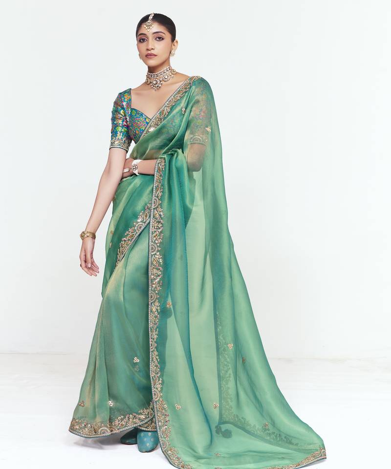 Sea green designer fancy embroidered party wear saree with art silk blend blouse