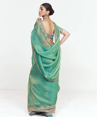 Sea green designer fancy embroidered party wear saree with art silk blend blouse 3