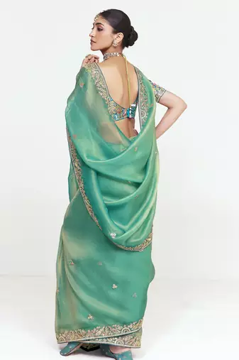 Sea green designer fancy embroidered party wear saree with art silk blend blouse