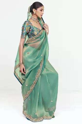Sea green designer fancy embroidered party wear saree with art silk blend blouse