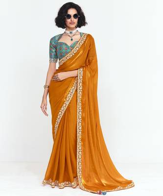 Orange designer fancy embroidered party wear saree with art silk blend blouse 1