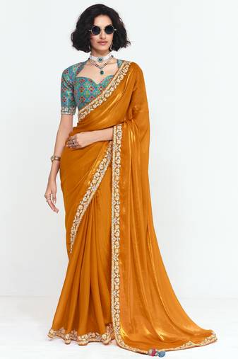 Orange designer fancy embroidered party wear saree with art silk blend blouse