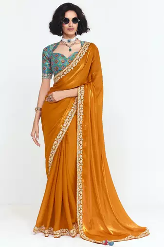 Orange designer fancy embroidered party wear saree with art silk blend blouse