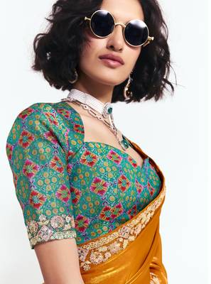 Orange designer fancy embroidered party wear saree with art silk blend blouse 2