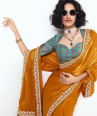 Orange designer fancy embroidered party wear saree with art silk blend blouse 3