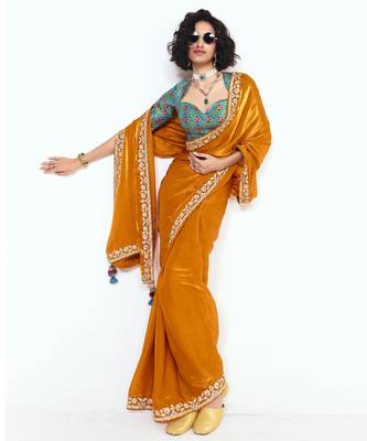 Orange designer fancy embroidered party wear saree with art silk blend blouse 4