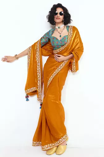 Orange designer fancy embroidered party wear saree with art silk blend blouse