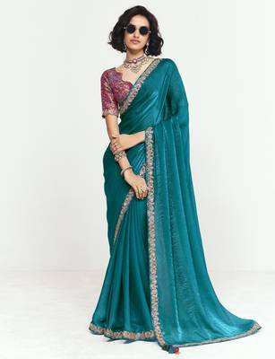 Teal  designer fancy embroidered party wear saree with art silk blend blouse 1