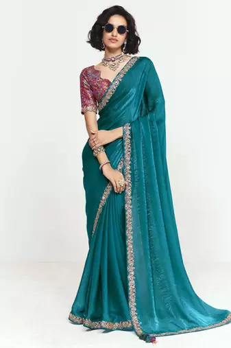 Teal  designer fancy embroidered party wear saree with art silk blend blouse