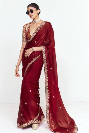 Maroon designer fancy embroidered party wear saree with art silk blend blouse