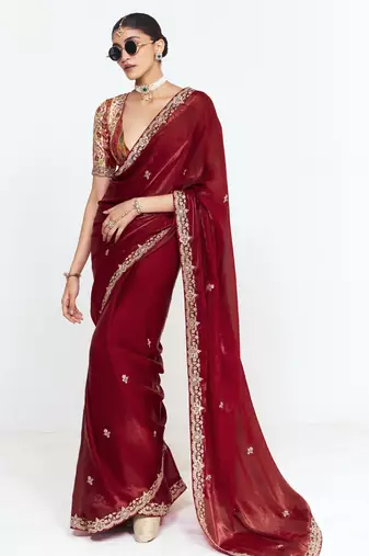 Maroon designer fancy embroidered party wear saree with art silk blend blouse