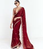 Maroon designer fancy embroidered party wear saree with art silk blend blouse