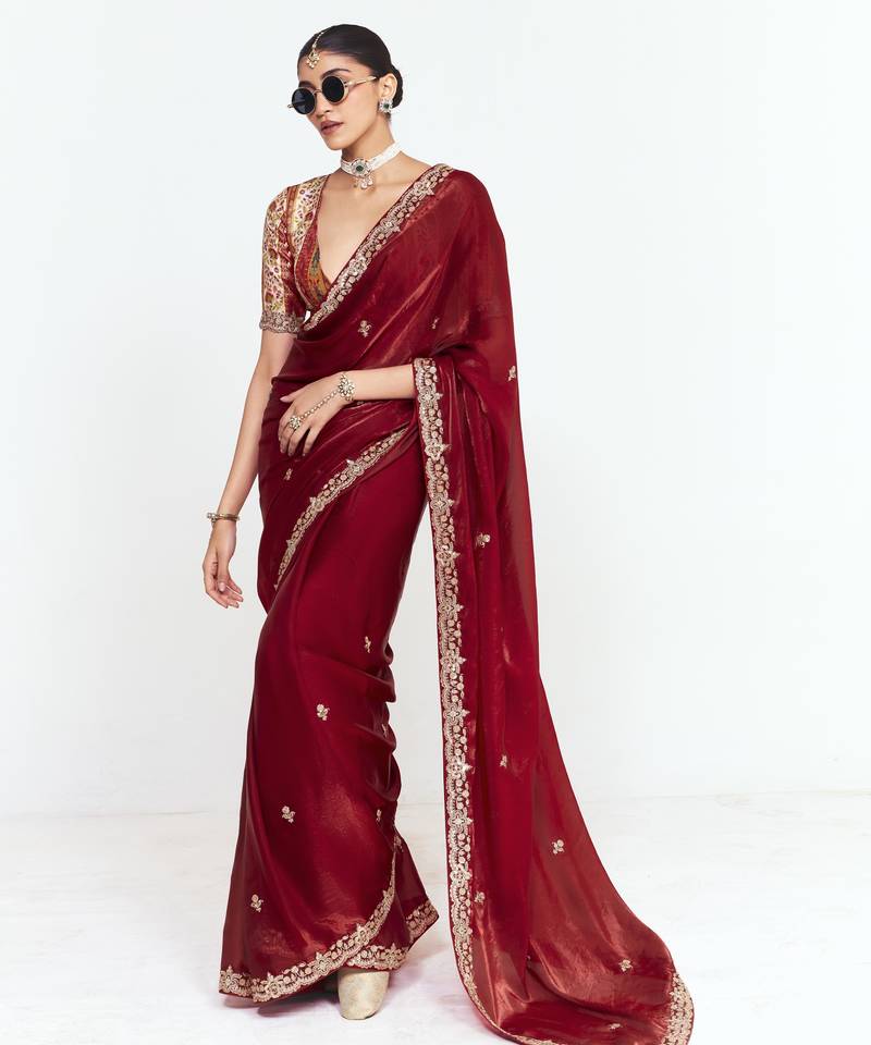 Maroon designer fancy embroidered party wear saree with art silk blend blouse