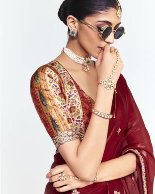 Maroon designer fancy embroidered party wear saree with art silk blend blouse 2