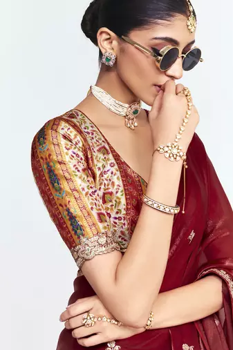Maroon designer fancy embroidered party wear saree with art silk blend blouse