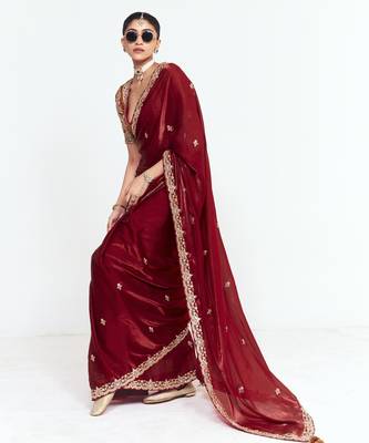 Maroon designer fancy embroidered party wear saree with art silk blend blouse 3