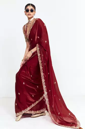 Maroon designer fancy embroidered party wear saree with art silk blend blouse