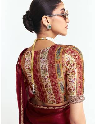 Maroon designer fancy embroidered party wear saree with art silk blend blouse 4
