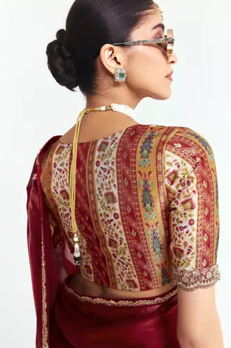 Maroon designer fancy embroidered party wear saree with art silk blend blouse