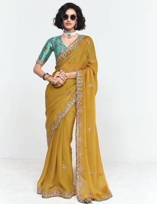 Yellow designer fancy embroidered party wear saree with art silk blend blouse 1