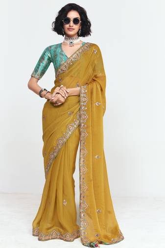 Yellow designer fancy embroidered party wear saree with art silk blend blouse
